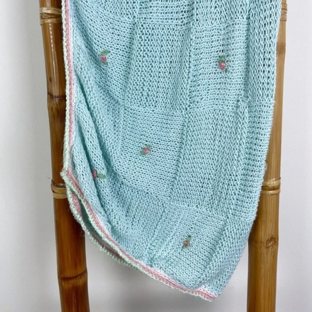 Vintage Blue Crochet Rosebud Handmade Blanket